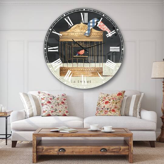 Designart Tweet Gold Birdcage Collage Wall Clock